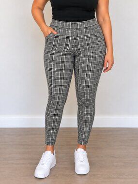 INDERO Plaid Tapered Pants Women’s L/XL Black White Gray Stretch